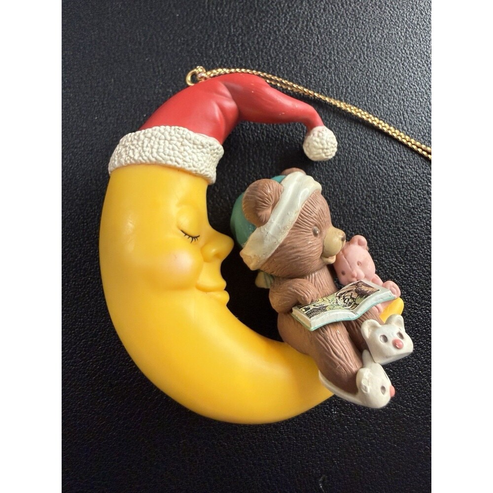 Vintage 1993 Teddy Bear & Baby Reading & Santa Moon Ornament Resin Christmas